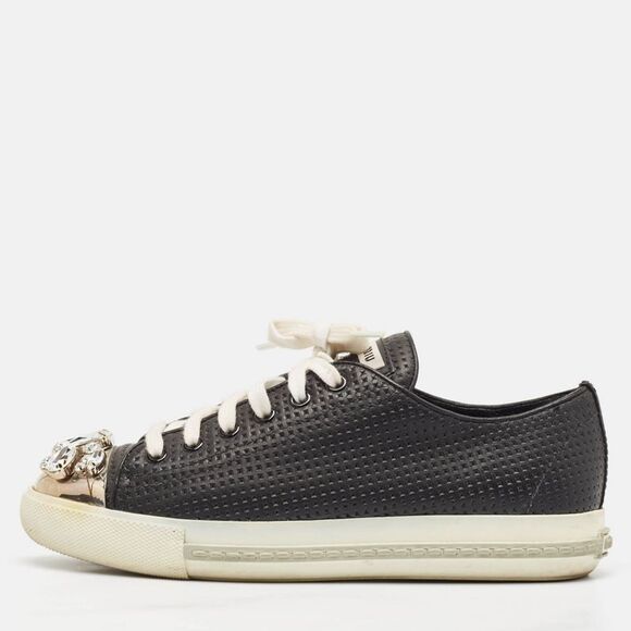 Miu Miu Black Leather Crystal Embellished Cap Toe Low Top Sneakers Size 37.5 - Picture 1 of 7